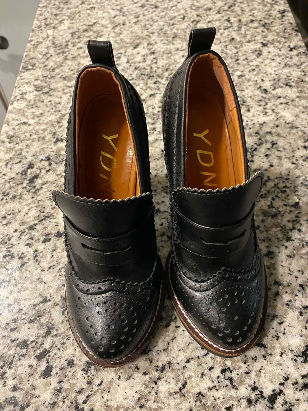 YDN Women's Black Leather Brogue Heeled Loafers size 5/6